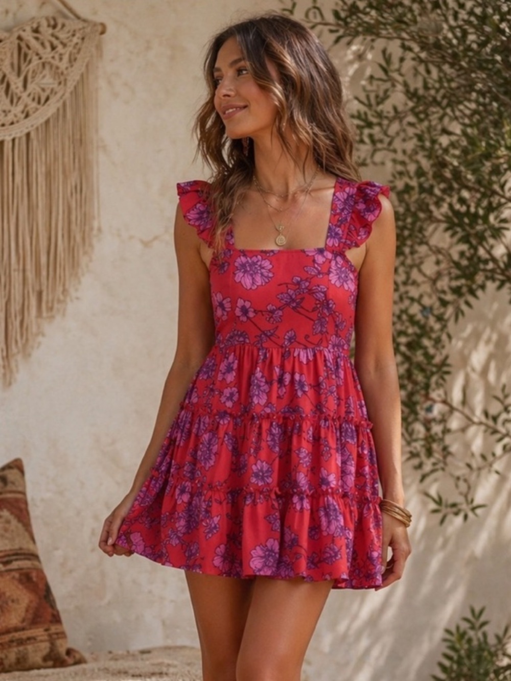 Band of Gypsies B.O.G Red Floral Ruffle Tiered Mini Dress